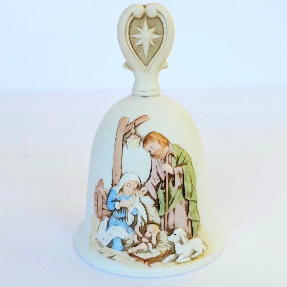 Vintage Nativity Porcelain Bell Holy Family Manger Relief Christmas Decor 6"